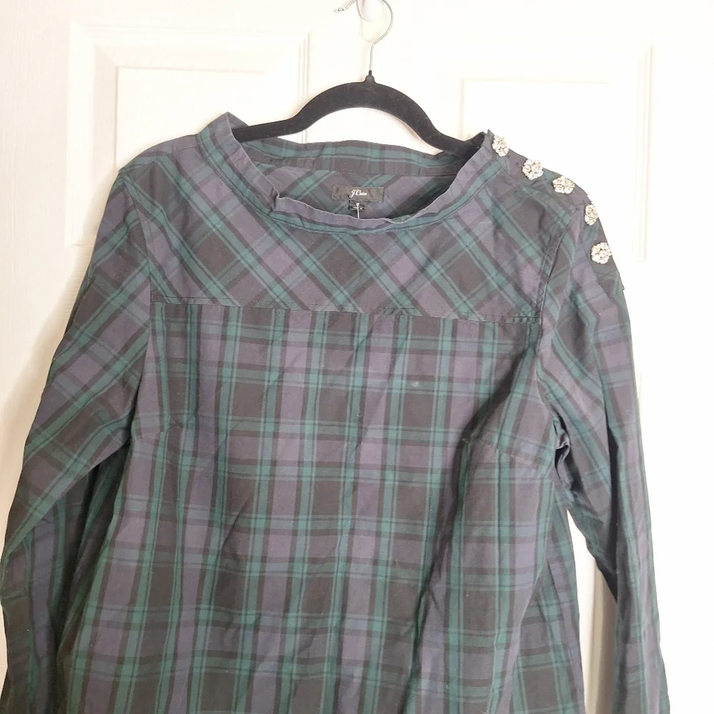 J. Crew Jewel Button Funnel Neck Plaid Shirt Size 8